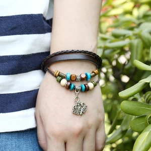 Boho layered leather bracelet set with colorful beads and vintage heart pendant charm