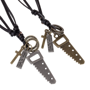 Vintage Cowhide Leather Pendant Necklace For Men Handmade Alloy Saw Cross Tag Punk Distressed Adjustable Jewelry Gift
