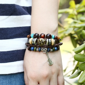 Multilayer vintage leather bracelet featuring beads and a small guitar pendant for women