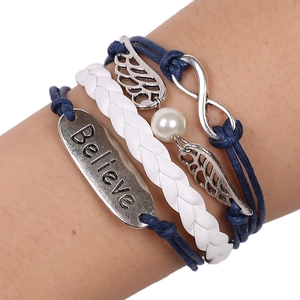 Multilayer Braided Bracelet With Alloy Infinity Symbol Wing Charm Artificial Pearl And Believe Plate Boho Retro Jewelry For Women Men