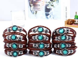 Retro multi-layer braided leather zodiac bracelets for couples with metal beads