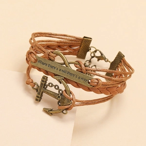 Vintage multilayer woven leather anchor bracelet with inspirational engraved quote plate