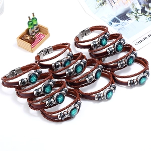Retro braided leather 12 zodiac bracelet set with antique silver metal charms