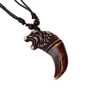 Vintage Tribal Carved Wolf Head Tooth Pendant Necklace Retro Black Wax Rope Adjustable Weaving Necklace For Men Women Jewelry