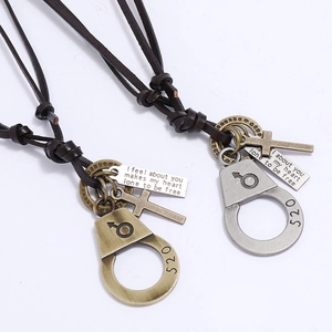 Vintage leather couple necklace with 520 handcuff pendant and engraved cross charms