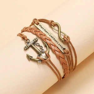 Retro multi-layer braided leather anchor bracelet with infinity charm and slogan plate
