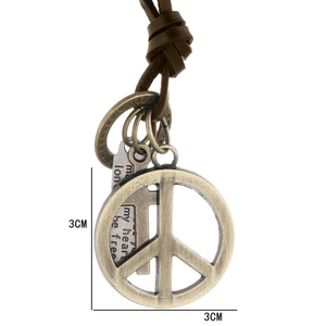 Men's adjustable brown leather necklace with vintage peace sign and cross pendant