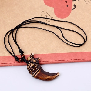 Vintage wax cord wolf head pendant necklace with tribal eagle resin charm and wooden beads