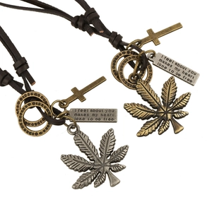 Vintage Unisex Leather Pendant Necklace Bronze Silver Leaf Cross Engraved Plate Adjustable Long Sweater Chain Retro Jewelry
