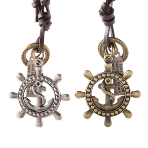 Vintage Nautical Ship Wheel Anchor Cross Pendant Necklace For Men Adjustable Brown Cowhide Leather Cord Punk Jewelry