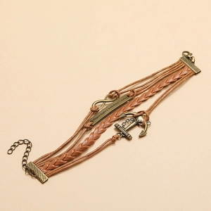 Retro multi-layer braided leather bracelet with anchor and infinity charms
