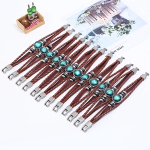 Retro braided leather 12 constellations bracelet set with vintage blue glass pendants