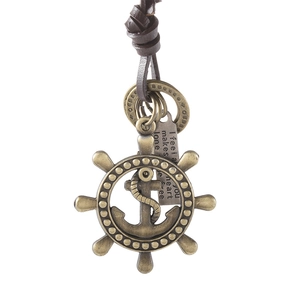 Vintage adjustable brown leather necklace with bronze ship wheel and anchor pendant