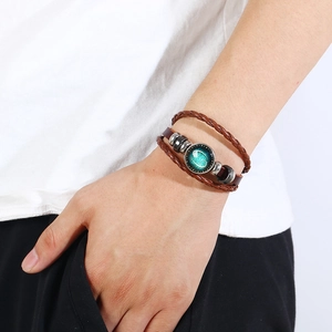 Retro Cancer constellation woven leather bracelet with vintage metal beads on wrist