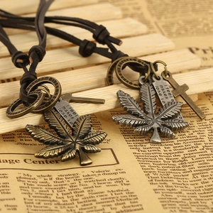 Vintage maple leaf leather necklace set with bronze cross pendants and aged metal tags