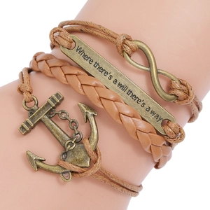 Retro Multilayer Braided PU Leather Bracelet With Alloy Anchor Infinity Charm Inspirational Quote Jewelry For Men Women