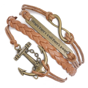 Retro multi-layer braided leather bracelet with bronze anchor and infinity charms