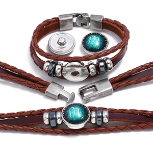 Vintage 12 Zodiac Sign Braided Leather Bracelet For Men Women Handmade Multi Layer Starry Sky Glass Punk Wristband Jewelry Birthday Gift