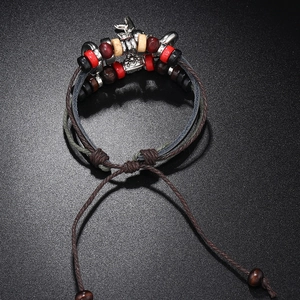 Multilayer beaded leather bracelet with key pendant and ethnic woven rope style