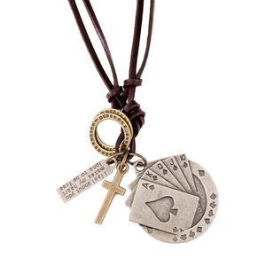 Collier en Cordon de Cuir de Vache Rétro Punk Unisexe Avec Pendentif Cartes de Poker et Croix en Alliage Bronze Argenté