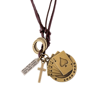 Collier vintage en cuir avec pendentifs cartes de poker et croix en bronze pour hommes