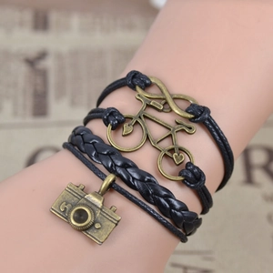 Bracelet Vintage Multi-Couches en Cuir Synthétique Tissé Alliage Vélo Appareil Photo Infini Charme Bijoux Punk Tissés à la Main Unisexe