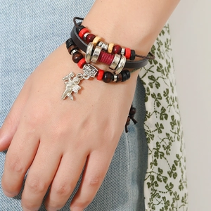 Bohemian multi-layer leather bracelet with wooden beads and Cupid angel wing pendant
