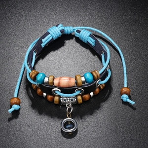 Multilayer leather beaded bracelet with blue cotton rope and wood beads for men and women