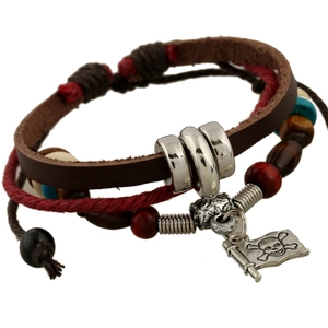Bracciale Vintage Punk Multistrato in Vera Pelle per Uomo Donna Corda Intrecciata Perline in Legno Lega Teschio Bandiera Pirata Ciondolo Gioielli