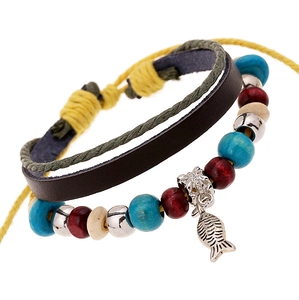 Bracelet en Cuir Multi-couches Bohème Vintage pour Hommes Femmes Tissé à la Main Perles en Bois Pendentif Poisson en Alliage Bijoux Punk