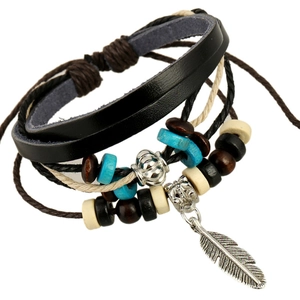 Vintage Bohemian Leather Braided Bracelet For Men Women Leather Beaded Feather Pendant Adjustable Wrap Wristband Jewelry
