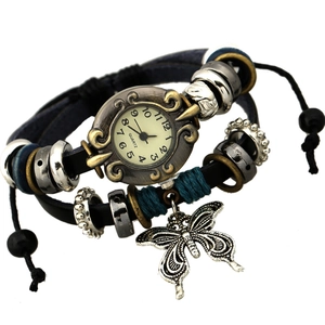 Vintage Retro Butterfly Pendant Leather Bracelet Watch For Women Antique Bronze Alloy Case Quartz Analog Wristwatch