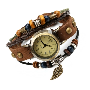 Vintage Cowhide Leather Wrap Watch With Titanium Alloy Case Retro Punk Braided Strap Quartz Watch With Leaf Pendant Beads Roman Numerals Bracelet Watch Gift