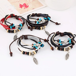 Multilayer leather beaded bracelets with vintage feather pendants in four assorted colors