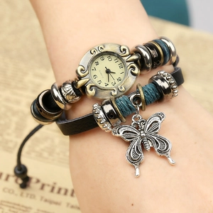Vintage multilayer leather bracelet watch with large butterfly pendant and bronze beads