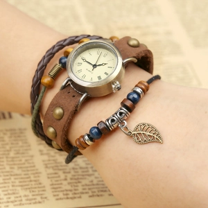 Vintage multilayer leather bracelet watch with bronze dial and leaf pendant for women