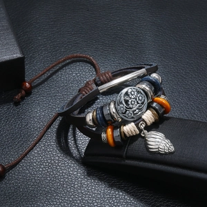 Retro multilayer leather bracelet with beaded charms and carved seashell pendant