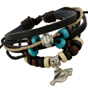 Punk Retro Multi-layer Braided Cowhide Leather Bracelet For Men Women Fish Charm Wooden Beads Bohemian Handmade Wrap Bracelet Jewelry