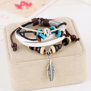 Bohemian multilayer leather bracelet set with wooden beads and silver feather pendant