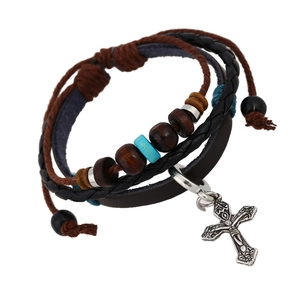 Vintage Multi-layer Cowhide Leather Bracelet For Men Women Cross Pendant Adjustable Braided Rope Wood Beads Punk Jewelry
