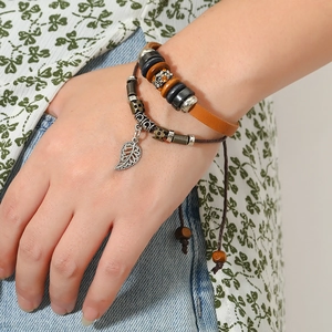 Multilayer leather bracelet with wooden beads and silver leaf pendant for men and women