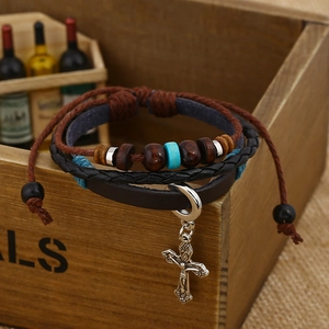 Vintage multi-layer leather bracelet with wooden beads and silver cross charm