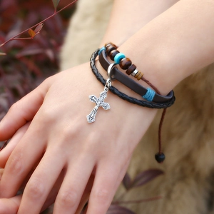 Bohemian multi-layer leather bracelet with wooden beads and vintage silver cross pendant
