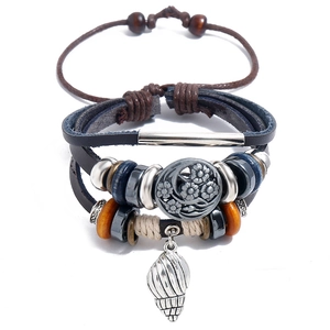 Vintage Multi-layer Cowhide Leather Braided Bracelet For Men Women Alloy Shell Flower Pendant Adjustable Ethnic Punk Jewelry