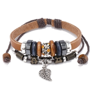 Vintage Multi-layer Leather Beaded Bracelet For Men Women Handmade Adjustable Leaf Pendant Bohemian Ethnic Jewelry