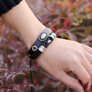 Men's retro multi-layer leather bracelet with silver metal oval decor and braided rope