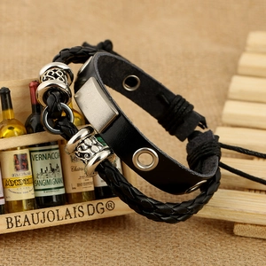 Men's multi-layer black genuine leather bracelet with vintage metal beads and adjustable cord