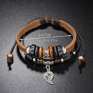 Handmade multilayer leather bracelet with wooden beads and silver leaf pendant for men and women