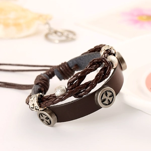 Retro multilayer leather beaded bracelet featuring silver cross charms and woven cords
