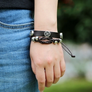 Retro multilayer leather bracelet with cross charms and skull pendant on male wrist